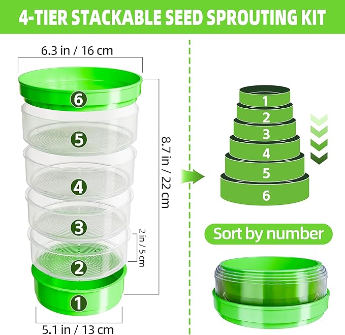 4-Tier Seed Sprouting Kit, Stackable Microgreens Growing Kit with Drain Trays and Blackout Sleeves, Green Soil-Free Seed Sprouter Tray for Growing Organic Mung Beans, Broccoli, Alfalfa