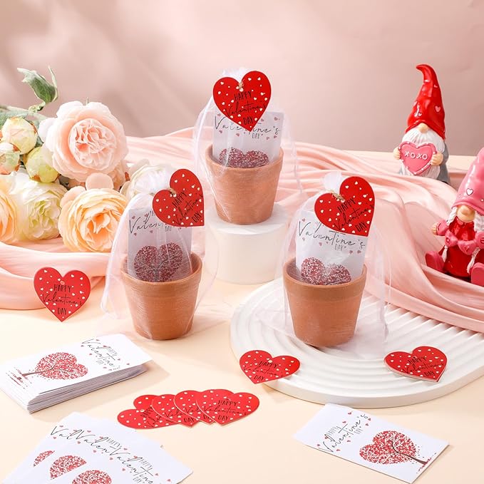 Ctosree 24 Sets Valentine's Day Gifts Bulk Heart Seed Packet Valentine's Day Party Favor for Guests with Seed Packets Flowerpot Tags Organza Bags for Galentine Valentines Exchange Gifts