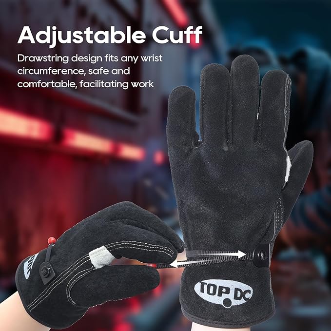 TOPDC Leather Work Gloves for Men or Women, Cowhide Leather Gloves for Gardening, Tig/Mig Welding, Chainsaw, Farm, Ranch, Reinforced Palm, Adjustable Cuff, Cotton Lining, Firm Grip & Durable, L