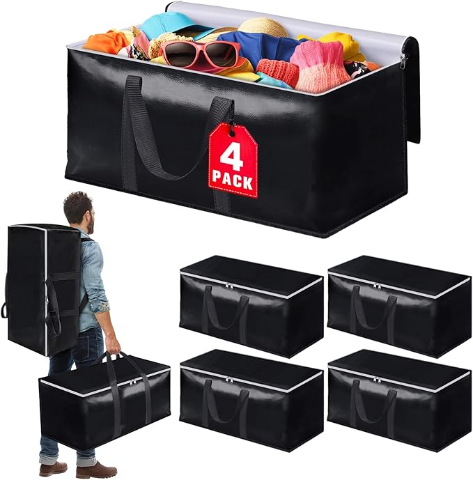 Heavy-Duty & Extra Capacity Moving Bags with Backpack Straps, Storage Totes with Double Zipper & Strong Handles, Packing Bags Alternative to Moving Boxes, Moving Supplies (4 Pack, Black)