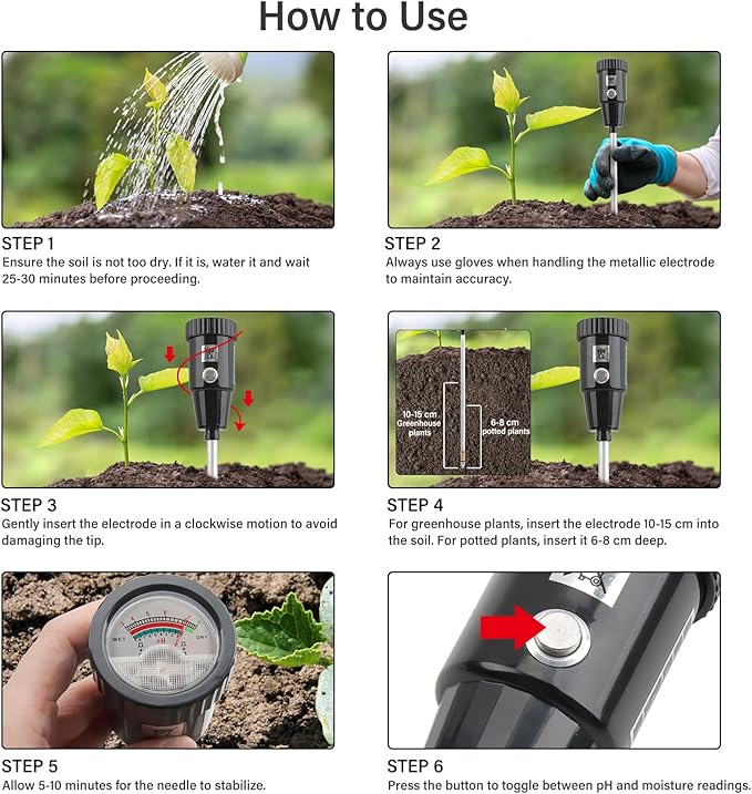 Soil pH Meter & Moisture Meter, 300mm Long Electrode, Soil Tester for Garden, Lawn, Farm, Indoor & Outdoor Use, No Battery Needed