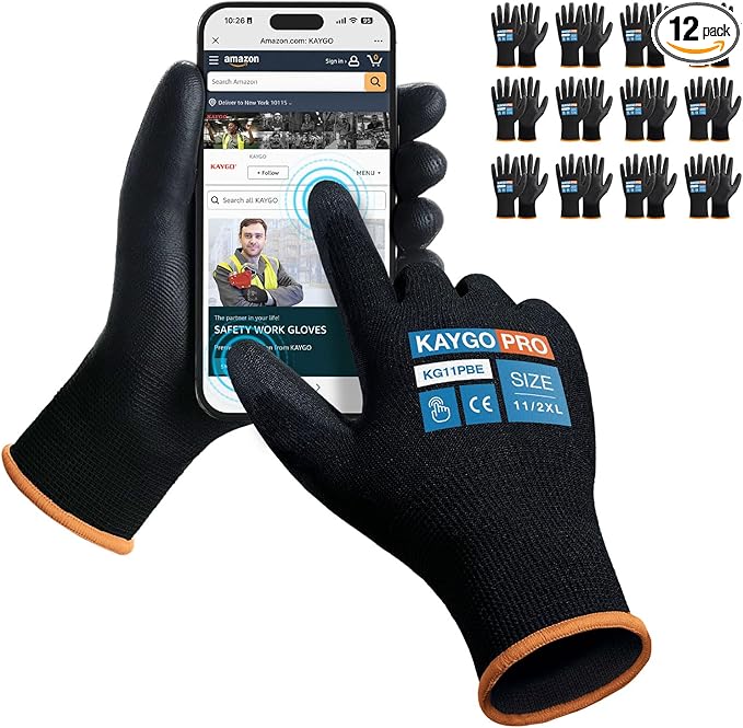 Work Gloves PU Coated for Men and Women, 12 Pairs Safety Work Gloves with Two Fingers Touchscreen, Breathable and Lightweight,Ideal for Light Warehouse, Manufacturing, Gardening, KG11P (2XL, Black)