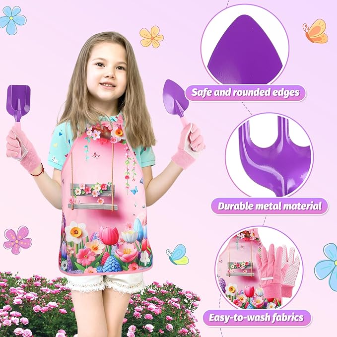Kids Gardening Tool Set - Garden Tools for Kids with Shovel Trowel Rake Apron Gloves Watering Can and Tote Bag, Outdoor Toys Great Gifts for 3 4 5 6 7 8+ Years Old Girls (Flower Style)