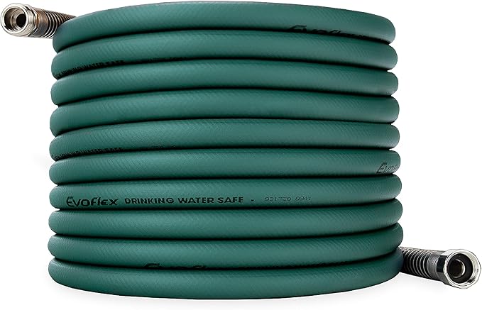 Camco EvoFlex 50-Ft Water Hose - RV Drinking Water Hose Contains No Lead, No BPA & No Phthalate - Flexible Design w/Stainless Steel Strain Relief Ends - 5/8” Inside Diameter, Green22585)