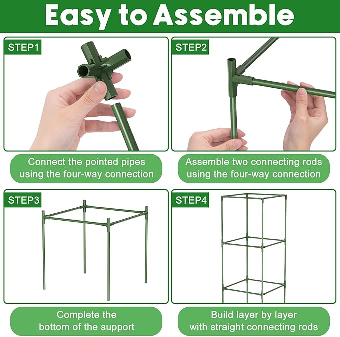 Unves 3 Pack Tomato Cage for Garden, 16" W x 66" H Square Tomato Trellis Plant Support Frame with 50 Pcs Plant Clips, Suitable for Climbing Vegetables, Flowers, and Fruits