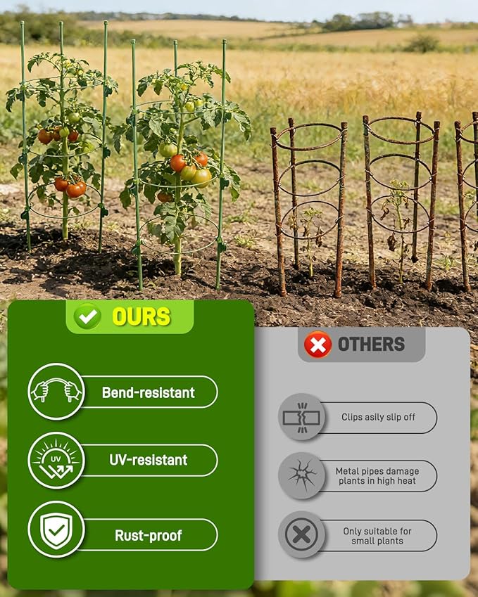 4 Pack Tomato Plant Cages, Adjustable Plant Support with Sliding Clips, 35.4 Inch Metal & Plastic Tomato Trellis for Garden Vegetables