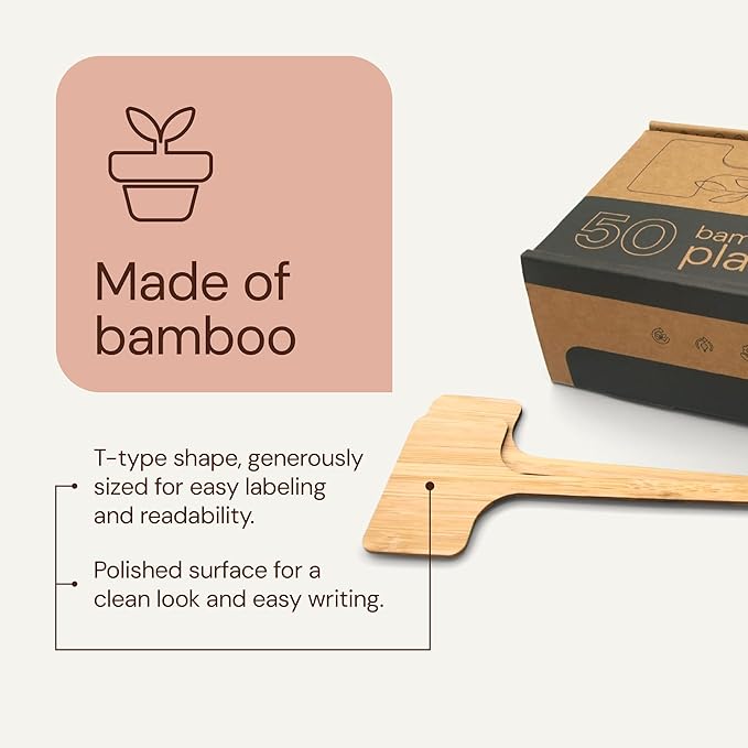 Bamboo Plant Labels & Garden Tags | 7" Long T-Type Wooden Garden Markers for Labeling Herbs, Seedlings, Vegetables, Cheeses, Appetizers, Desserts | 50 pcs