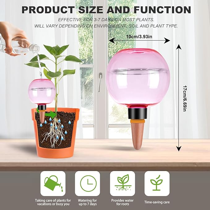4 Pack Self Watering Globes 17oz Large Plant Watering Globes Top Fill, Self Water Planter Insert Indoor/Outdoor Plastic Water Bulbs Slow Release Terracotta for Plants, Pink