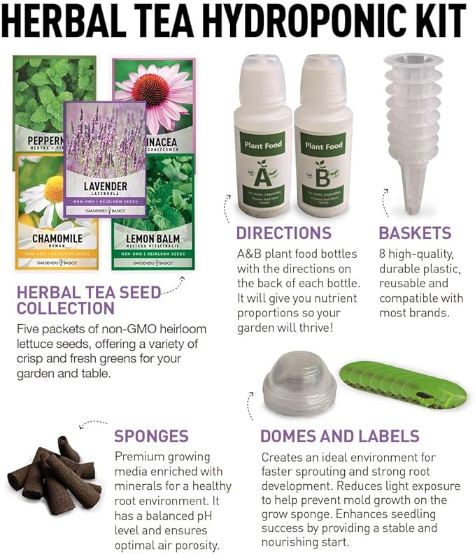 Herb Growing Kit Indoor for Hydroponics and Aquaponics- Includes Medicinal Lavender, Chamomile, Lemon Balm, Peppermint and Echinacea Heirloom Garden Seeds, Grow Seedpods Domes