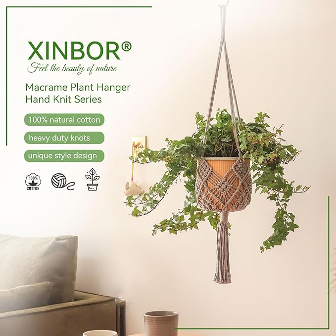 4 Pack Macrame Plant Hangers Indoor Up to 10 inch Pot, Boho Hanging Planters, Plant Holder with 8Pcs Stainless Steel Hooks (4Pcs Gray Hanger)