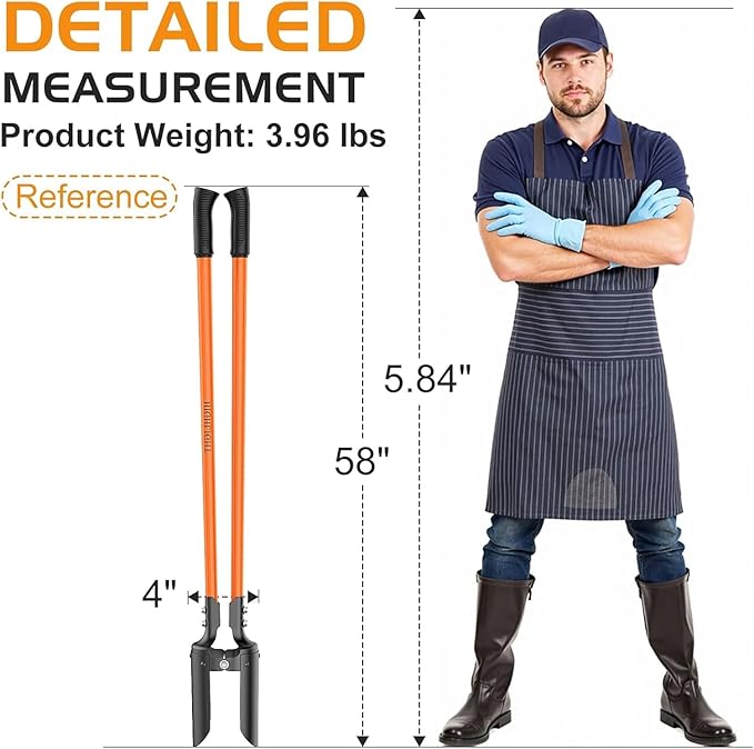 Post Hole Digger, 58-Inch Heavy Duty - 8 lbs Ultra-Lightweight, Fiberglass Handle & Curved Carbon Steel Blades, Anti-Slip Grip for Fence Planting (Orange & Black)