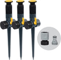 Melnor 65185AMZ Multi-Adjustable Spike Sprinkler, 3-Pack W/Quick Connect Bundle, Flow Through Base, Black, Grey, Yellow