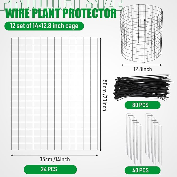 Zubebe 12 Sets Wire Plant Protector from Animals 14" H x 12.8" D Metal Mesh Plant Cage Sturdy Garden Bunny Barricades Chicken Wire Cloche for Vegetables with Ground Stakes and Nylon Ties