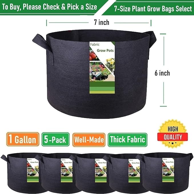 5-Pack 1 Gallon Thickened Plant Grow Bags (7x6 inch) Nursery Bags Fabric Plant Pots Garden Bag for Flower Pot,Herbs Veggies Planter Bag,Garden Pots,Barrel Planter,Plant Container with Gardening Gloves
