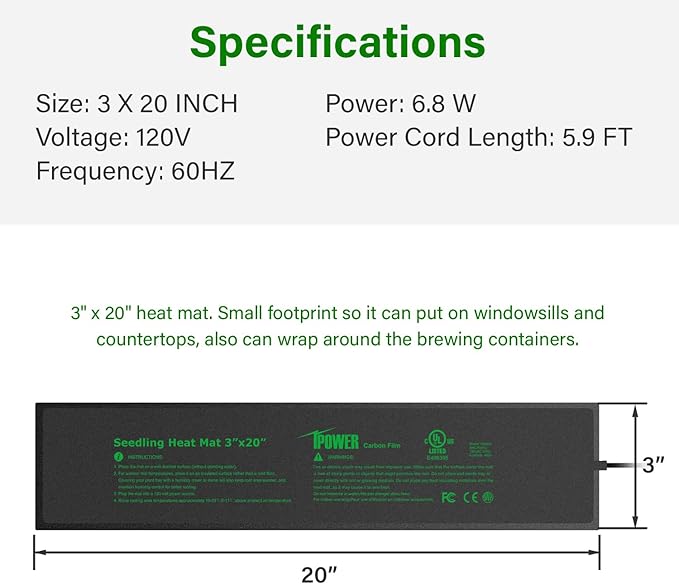 iPower 2 Pack 3" x 20" Seeding Heat Mat Durable Warm Hydroponic Plant Germination Starting Pad, Black