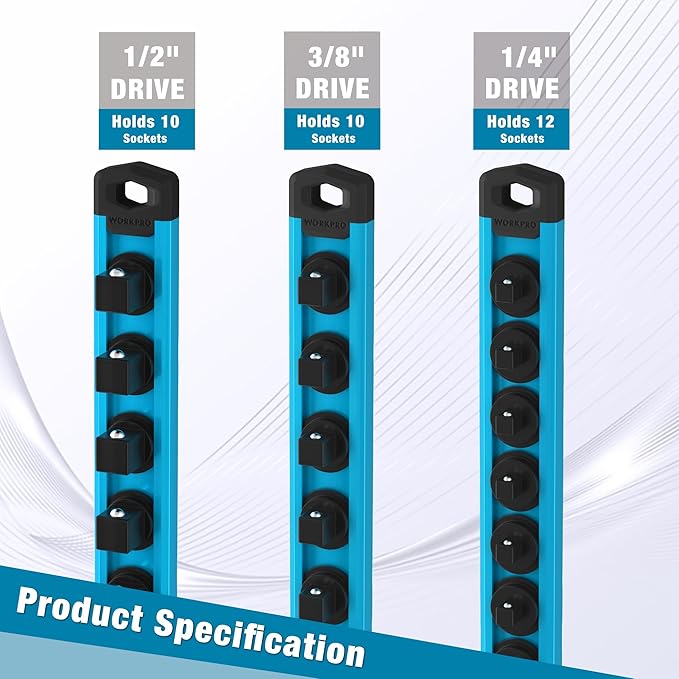 WORKPRO Magnetic Socket Organizer, 1/2-Inch Drive Aluminum Alloy Socket Rail, Heavy Duty Socket Holder, Socket Rack Kit 1/2-Inch x 10 Clips Sky Blue (Socket not Included)