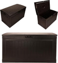 Suncast 80-Gal. Resin Large Outdoor Patio Deck Box with Pad-Lockable Lid, Modern Outdoor Patio Bench/Storage Box for Cushions, Garden Tools, and More, Java