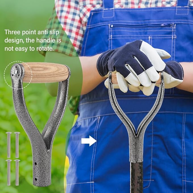 Shovel D Grip Handle, 32mm Inner Diameter Metal Shovel Replacement Handle with Wooden Grip Spade Snow Scoop Digging Raking Tools with 4 Rivets for Digging Raking
