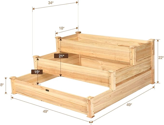 Giantex 3 Tier Raised Garden Bed Wood Elevated Planter Box Vegetable Flower Growing Bed Kit Outdoor Planting Container for Backyard Lawn Patio Planter Raised Beds, Easy Assembly 49"X49"X22"