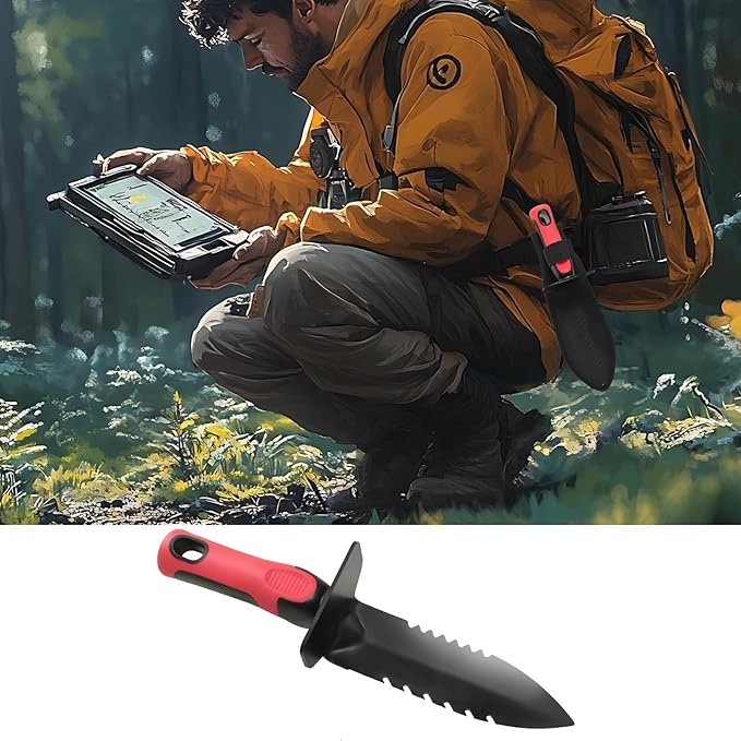 Metal Detecting Shovel with Carry Sheath, Heavy Duty Double Serrated Edge Metal Detector Digging Tool, Digger Trowel with Non-Slip Handle, for Metal Detection Gardening