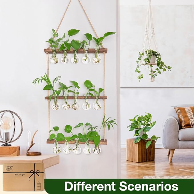 XXXFLOWER Wall Hanging Propagation Station with Wooden Stand 5 Bulb Vase 3 Tiers Planters Wall Terrarium for Home Office Plant Hanger Flower Vases Wall Decor(Brown)