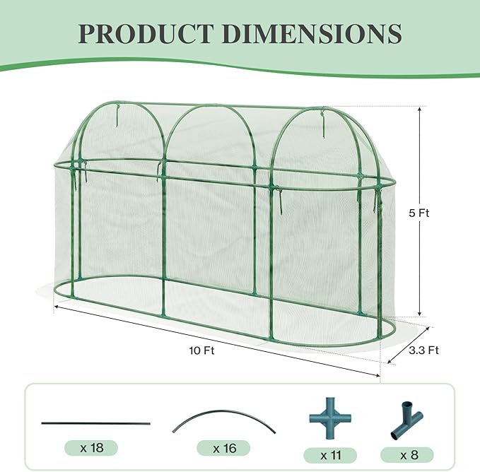 BPS Crop Cages for Garden Plant, 10x3x5 Ft Plant Netting Protection Tent with Zippered Door for Plants, Raised Garden Bed Cover with Frame for Vegetables, Fruits and Flowers