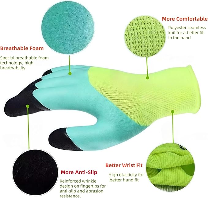 2/6 Pair Gardening Gloves ，Safety Work Gloves ，Rubber Protective Work Gloves with Gripper， Medium, Green and Blue