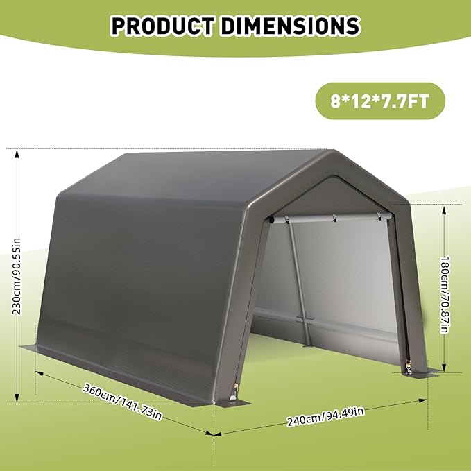 CuisinSmart Portable Shed, Outdoor Storage Shelter, 8x12x7.7 ft Heavy Duty Waterproof Storage Tent Sheds with Roll-up Zipper Door, for Motorcycle, Bike, Garden Tools