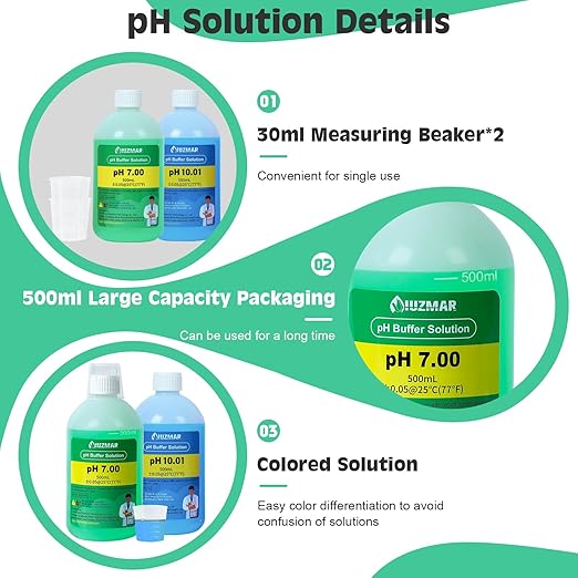 pH Calibration Solution, 500ml pH 7.00 Calibration Solution, 500ml pH 10.01 Calibration Solution, pH Probe Buffer Calibration Solution with Container (30ml*2) for pH Meter, pH Tester