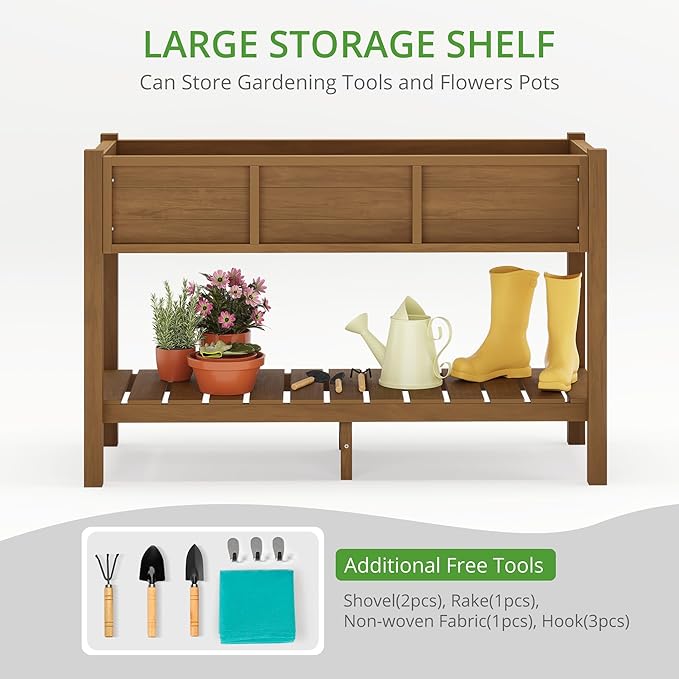 LUE BONA Raised Planter Box with Legs, 45 * 18 * 29 in, Raised Garden Bed with Tools and Storage Shelf, Weather Resistant, 3-Year Warranty, Standing Growing Bed Herb Planter for Vegetable, Brown