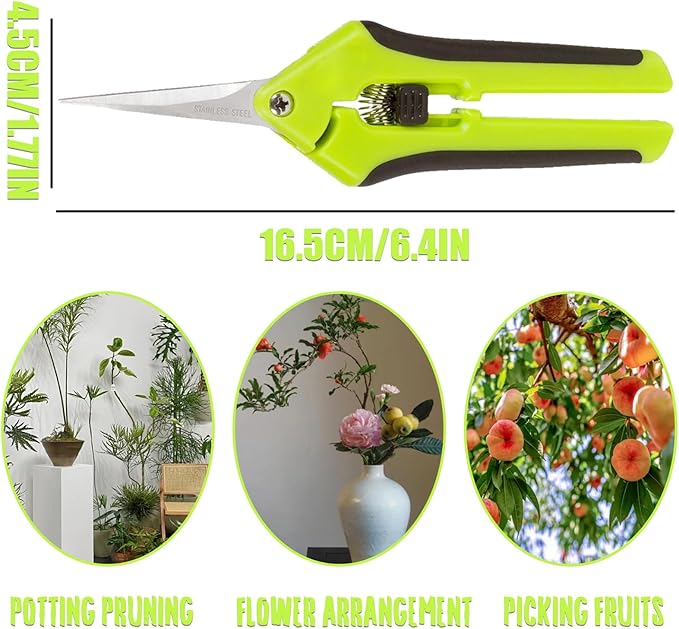 Green Micro Tip Garden Shears for Precise Trimming - Lightweight, Stainless Steel Hand Pruners, Flower Trimmers, and Bonsai Snippers