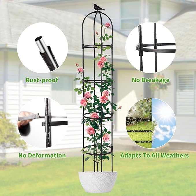 Garden Obelisk Trellis for Climbing Plants Outdoor, 6.3 ft Tall Rose Trellis Climbing Plants Support for Potted Light Vine Flower Vegetable Cucumber Trellis Raised Garden Bed, Black, 1PCS