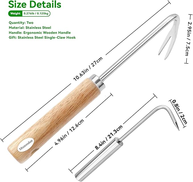 2 Pack Double Claw Root Hook Weeding Tool with Wooden Handle, Hand Weeder Tool for Garden Weed Removal, Manual Weed Puller for Deep Roots & Dandelions, Bonus Stainless Steel Single Claw Root Hook