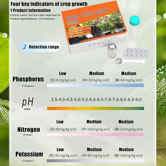 4-in-1 Soil Test Kit - 40 Tests for Nitrogen, Phosphorus, Potassium & PH, Garden Nutrient Tester Strips for Vegetable Plots, Lawns & Greenhouses