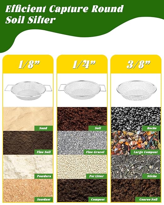 Soil Sifter for Gardening 3Pcs Compost Sifter 3 Mesh Sizes 1/8" 1/4" 3/8"Heavy Duty Dirt Sieve Fits 5 Gallon Buckets Garden Sifter with Handle for Rocks Dirt and Organic Material