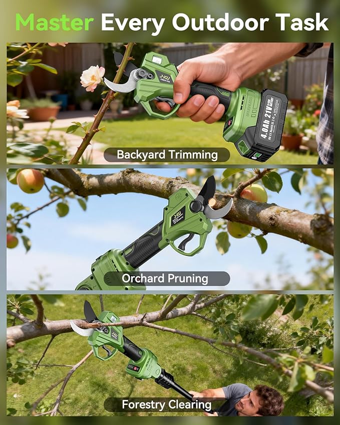 J-KU Electric Pruning Shears Cordless: 2-in-1 Electric Tree Pruner with Extension Pole, 21V 2×4000mAh Battery Powered, 1.4" Cutting Diameter, Brushless Pole Pruner Branch Cutter for Tree Trimmer