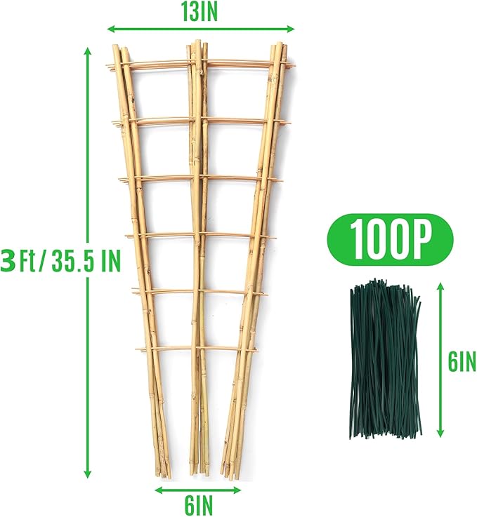 SWANGSA 6 Pack 3Ft Bamboo Trellis for Climbing Plants,35.5 Inch Fan-Shaped Bamboo Plant Trellis with 100pcs Twist Ties for Outdoor and Indoor Potted Plants Garden Stakes