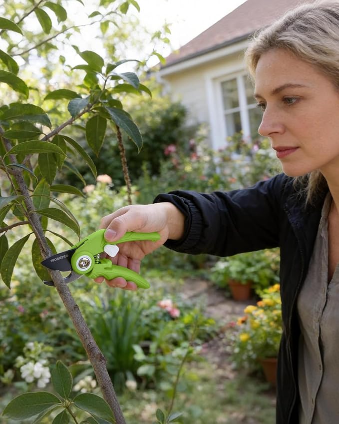 WORKPRO 6.9" Bypass Pruning Shears, Gardening Scissors with Sharp SK5 Steel Blade, Handheld Garden Floral Clippers for Rose, Plants, Flowers, Fruits Trees, Gardening Gifts for Women & Men, Green