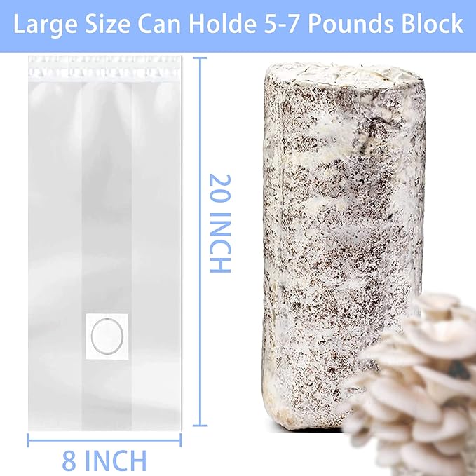 30Pcs Mushroom Grow Bags with 0.2 Micron Filter Patch, 3 Mil Polypropylene, Large Size 8" X 5" X 20" for Mushrooms and Bamboo Fungus Ganoderma Mushroom, Substrates Or Grains