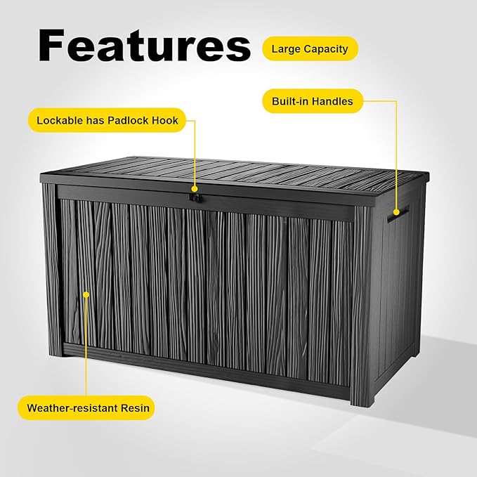 Outdoor Waterproof Resin Storage Deck Box Lockable Outside Bench UV Resistant Bin Patio Porch Furniture Pool Float Garden Tool Cushion (Black, 200 Gallon)