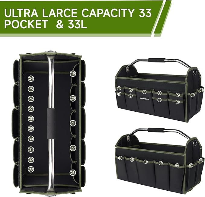 20In Electrician Tool Bag, Foldable Bags For Men Heavy Duty, Open Top Tool Tote, 30 Pockets Can Hold Many fittings, Organizer Stainless Steel Handle and Removable Shoulder Strap