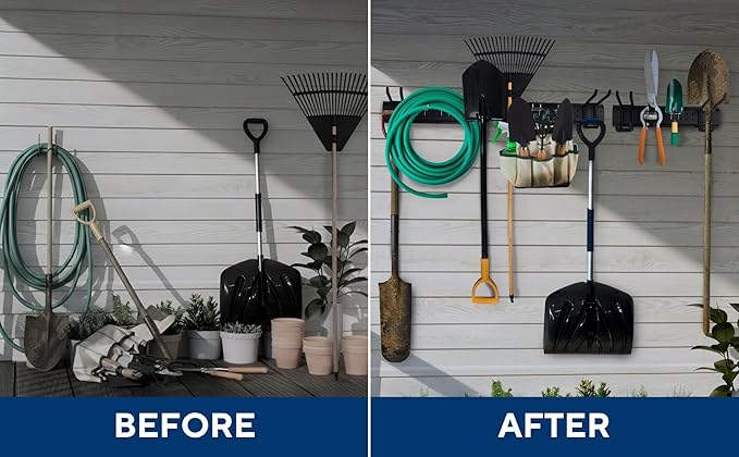 Heavy-Duty Wall Mount Garden Tool Organizer Rack, Black Metal, Multi-Hook Storage System
