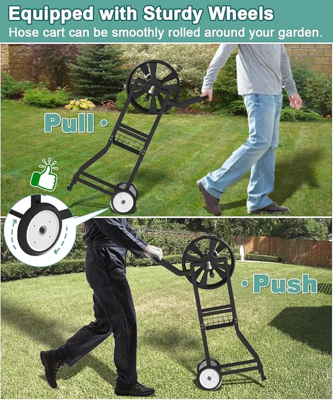 Garden Hose Reel Cart with Wheels, Outdoor Heavy Duty Powder Coated Steel Water Winder Storage Holds 125 ft 5/8" Hoses with 3.9ft Leader Hose and Basket for Backyard, Yard, Lawn, Black