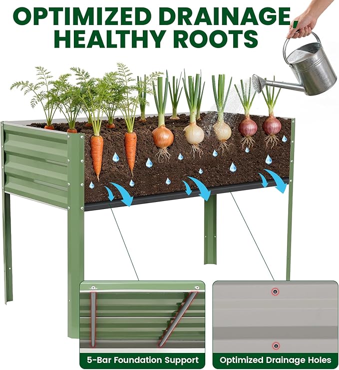 1MORE Elevated Raised Garden Bed with Legs, 48×24×32in Large Metal Raised Bed for Backyard, Patio, Balcony. Raised Planter Box with Drainage Holes for Plants Vegetables Flowers Fruits.Green-1pcs