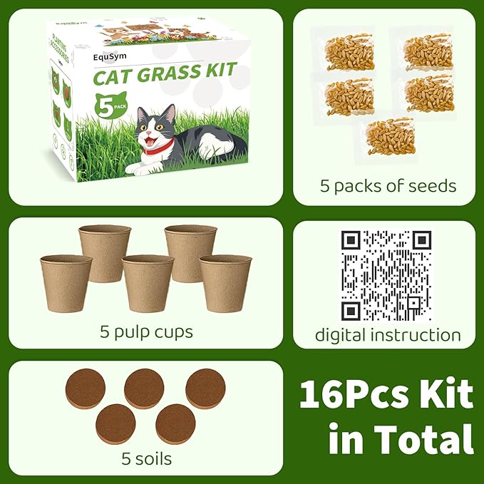 5Pack Cat Grass Seeds Kit - Cat Grass Seeds Growing Set for Indoor Cats, Non GMO Wheat Seed, Nutrient Soil & Planting Tools, Quick Germination, Perfect for Beginners