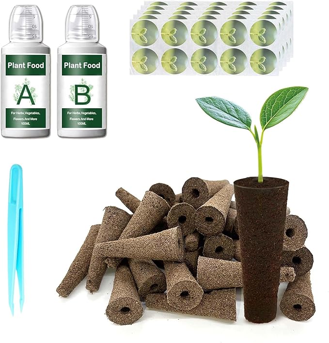 Hydroponic Grow Sponges Seed Starter Pod Kit Fit for AeroGarden and Others, Included 50 Grow Sponges, 50 Pod Labels, A & B Plant Food, 1 Tweezer