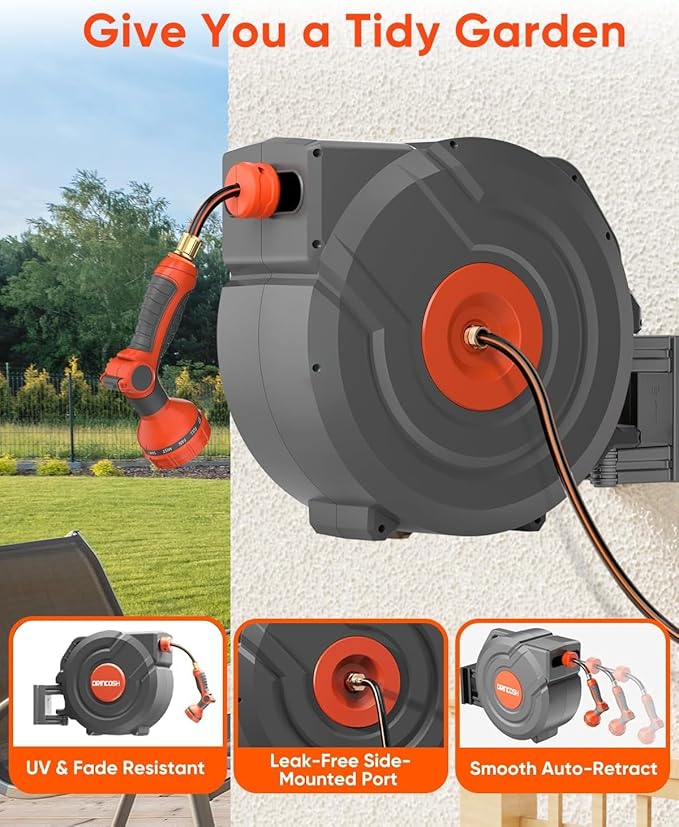 Retractable Garden Hose Reel 100 ft 1/2 inch Automatic Rewind with Any-Length Lock Water Hose 9 Pattern Sprayer Nozzle 180° Swivel Wall-Mounted Hose Reel for Home Yards