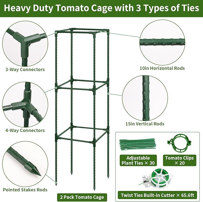 ROADPLUM 2 Pack 48" Tomato Cage for Garden, Heavy Duty Adjustable Plastic Coated Steel Pipe Tomato Stakes Trellis Plant Cages for Vegetable, Fruit, Flower, Rose Vine Climbing Plants