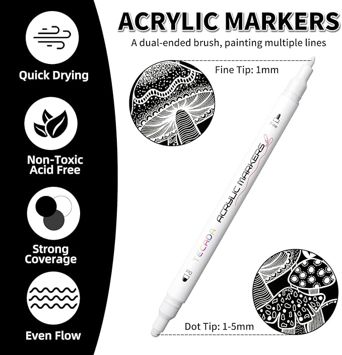6 White Acrylic Paint Markers, Dual-Tip Acrylic Paint Pen for Rock, Fabric, Wood, Plastic, Canvas, Ceramic, Glass, Metal, DIY Crafts Art Supplies, Dot and Fine Tips
