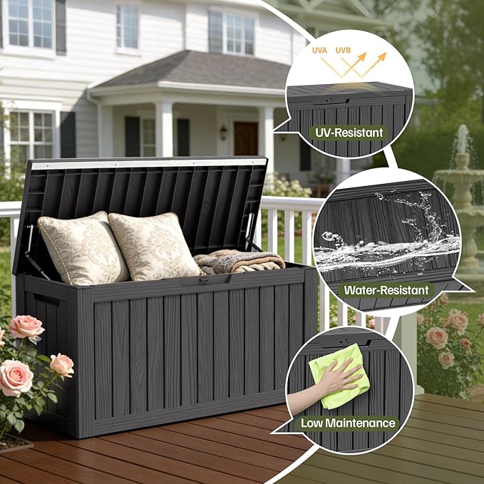Outdoor Deck Storage Box, 90 Gallon Waterproof Deck Box, Resin, Lockable Patio Storage Box for Pool Accessories, Garden Tools, Cushion, Large Package Delivery，Weatherproof & UV-Resistant Storage Bench